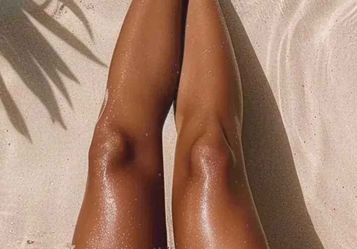 Tanned legs on sandy beach with sunlight