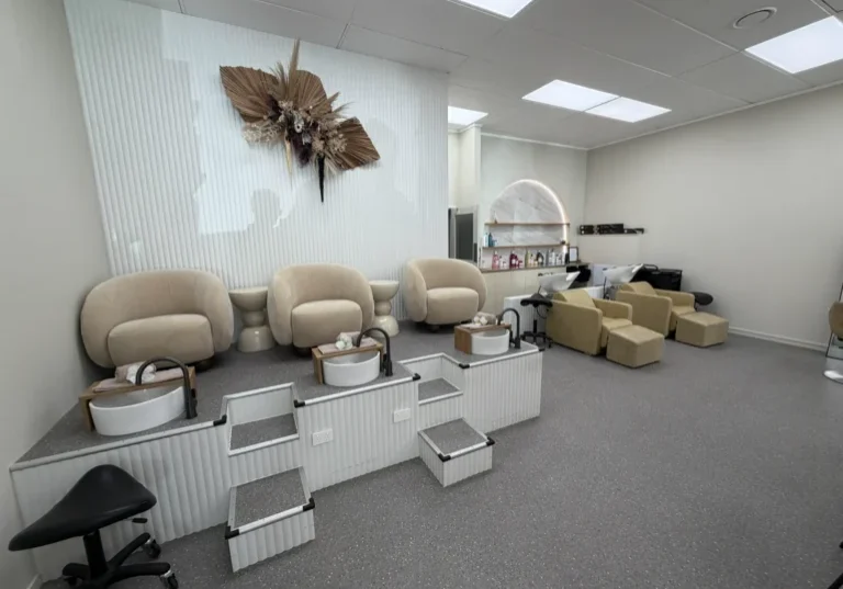 Modern salon interior with beige seating
